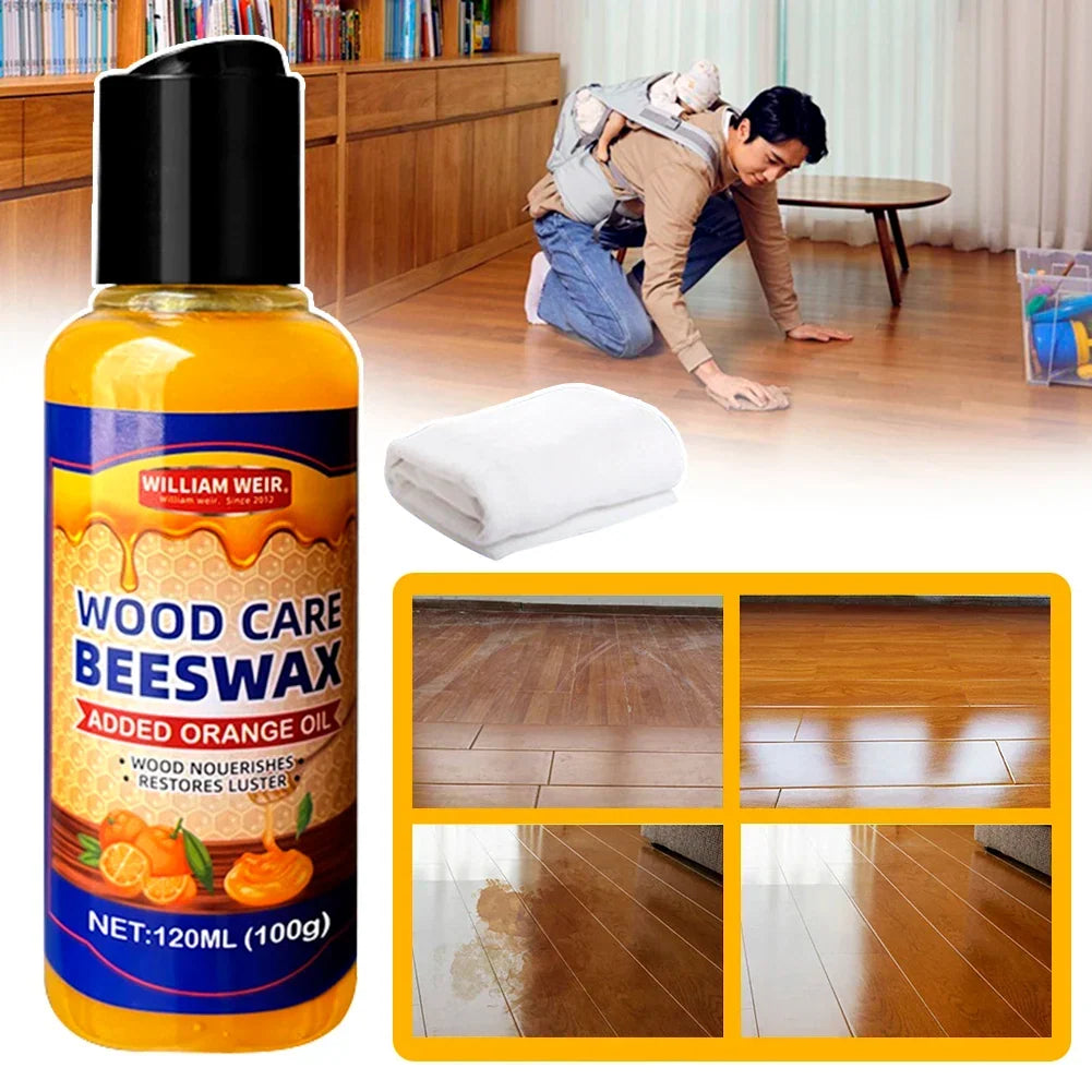 Bottle and white cloth above a man wiping a wooden floor, with four before-and-after floor squares 2