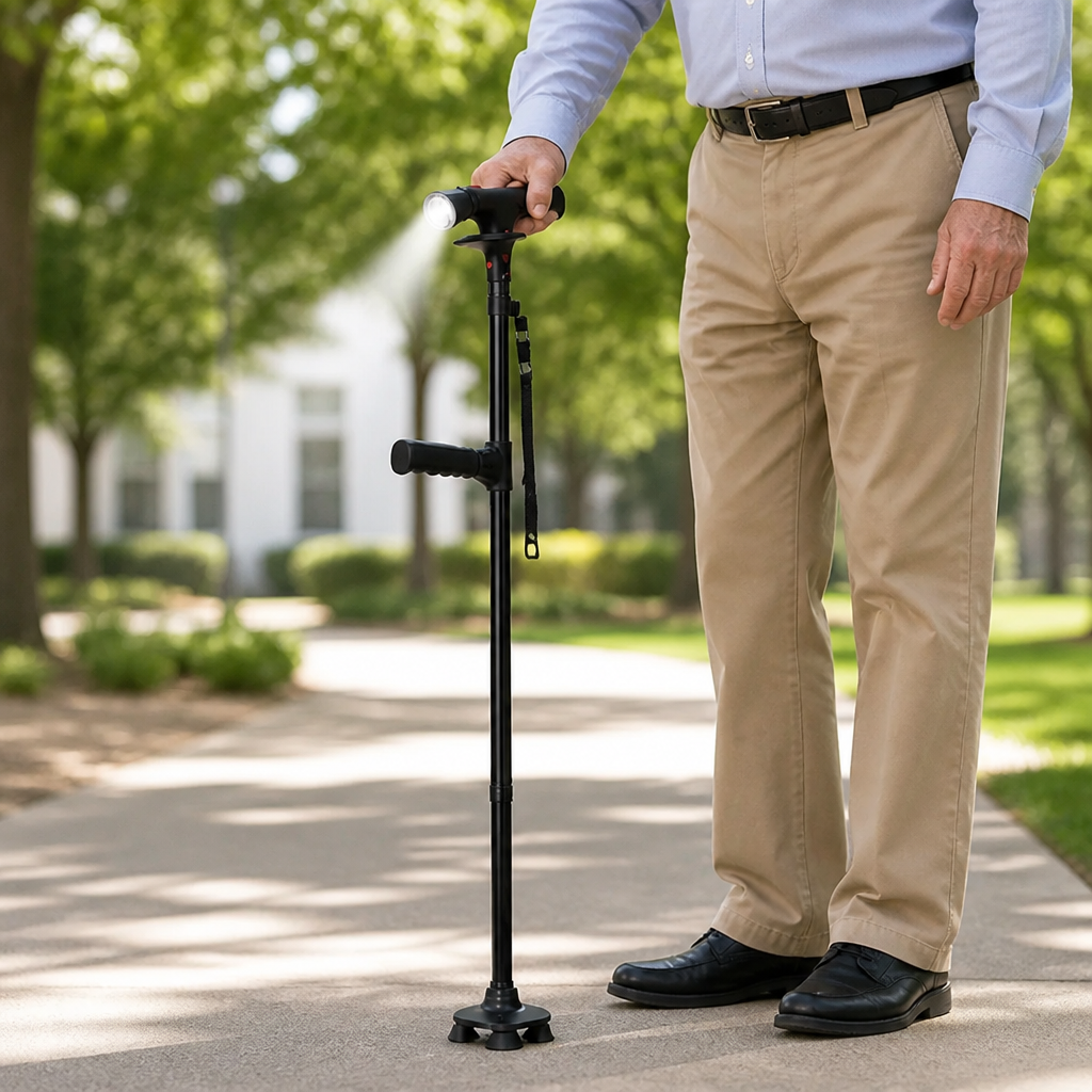 Man in beige trousers and black shoes standing on a tree-lined path, resting his hand on the black cane's torch handle. 3