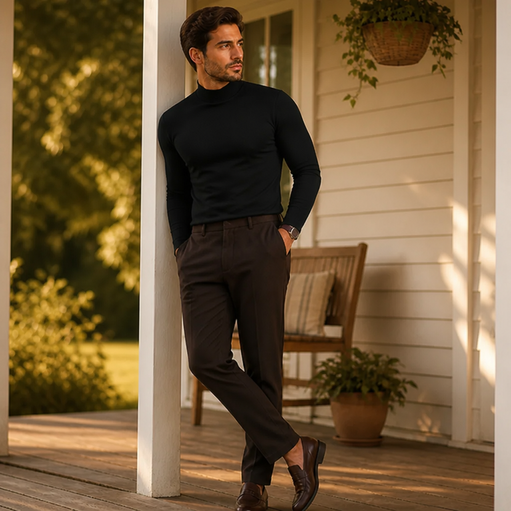 Man in a black high-neck long sleeve top and brown loafers leaning against a white porch post. 3