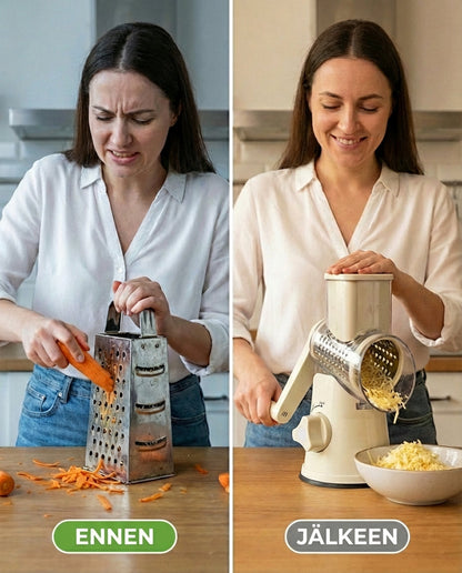 Before-and-after comparison: a woman grating a carrot on a box grater, then smiling while using the cream rotary chopper. 3
