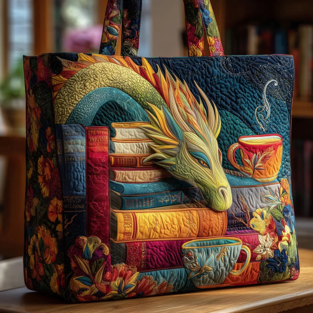 Side-on view of the quilted tote on a wooden table, showing a green dragon resting on stacked books beside steaming teacups. 1