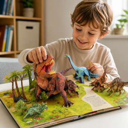 Boy in a cream jumper touches the paper T. rex on an open pop-up jungle spread 3