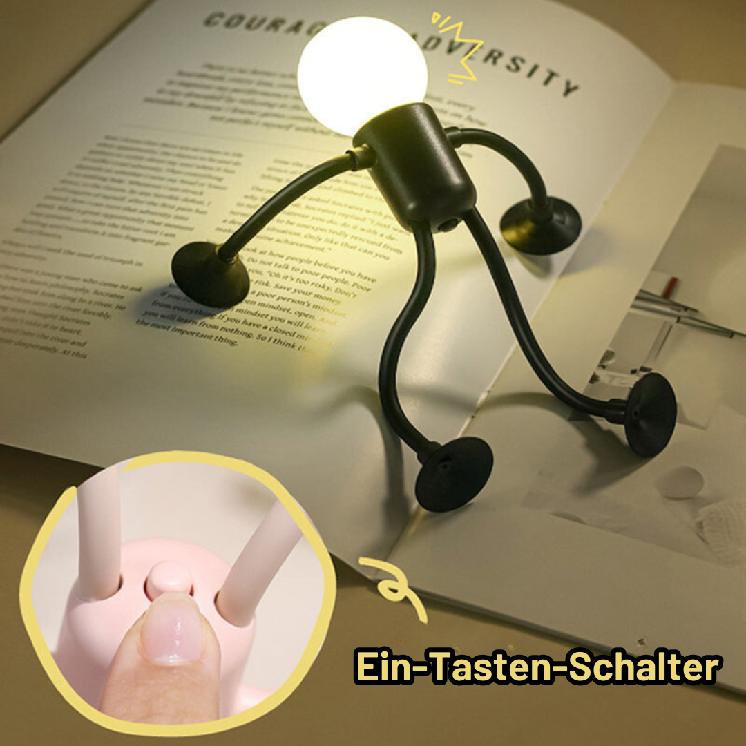 Black figure lamp stands on an open book as a reading light, with an inset close-up of a finger pressing the pink body's button. 10