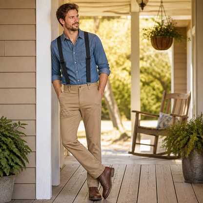 Man in a denim shirt and khaki trousers wearing black suspenders, leaning against a porch post with hands in his pockets. 3