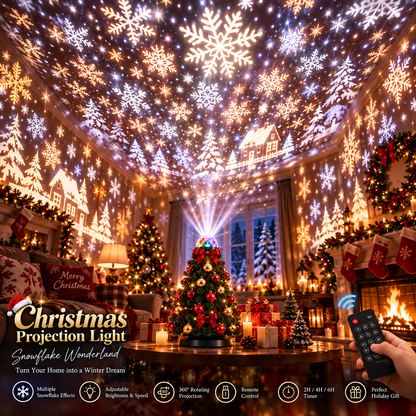 Tree-shaped projector casting warm white snowflakes, pine trees and cottages across a cosy room ceiling and walls 2