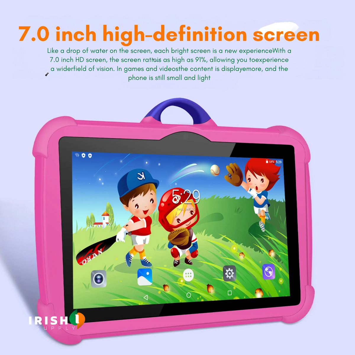 Pink tablet at an angle showing a cartoon baseball wallpaper on its bright screen 7