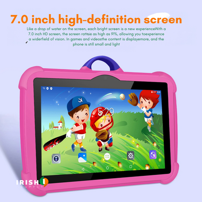 Pink tablet at an angle showing a cartoon baseball wallpaper on its bright screen 7