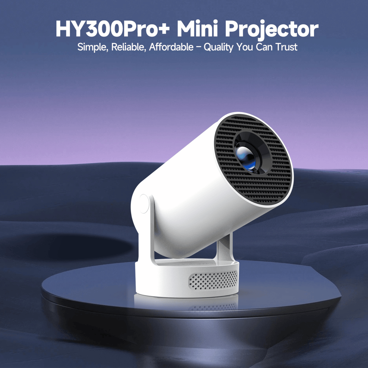 White projector tilted upwards on a dark reflective platform against a purple dusk backdrop 12