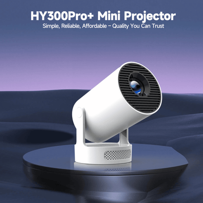 White projector tilted upwards on a dark reflective platform against a purple dusk backdrop 12