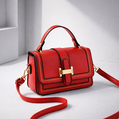 Bright red version with gold clasp and yellow stitching, angled view with the strap trailing across a soft-lit studio floor. 8
