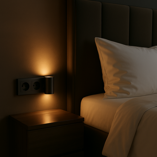 Black cylindrical light plugged into a bedside wall socket, casting a soft amber glow above a wooden bedside table and bed pillow. 2