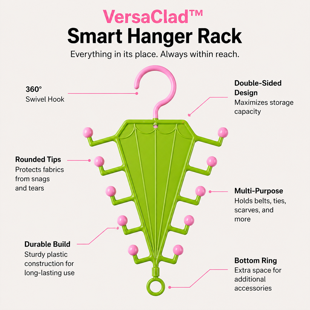 Green umbrella-shaped plastic hanger with pink ball tips, swivel hook and bottom ring, shown with feature callouts 2