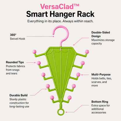 Green umbrella-shaped plastic hanger with pink ball tips, swivel hook and bottom ring, shown with feature callouts 2