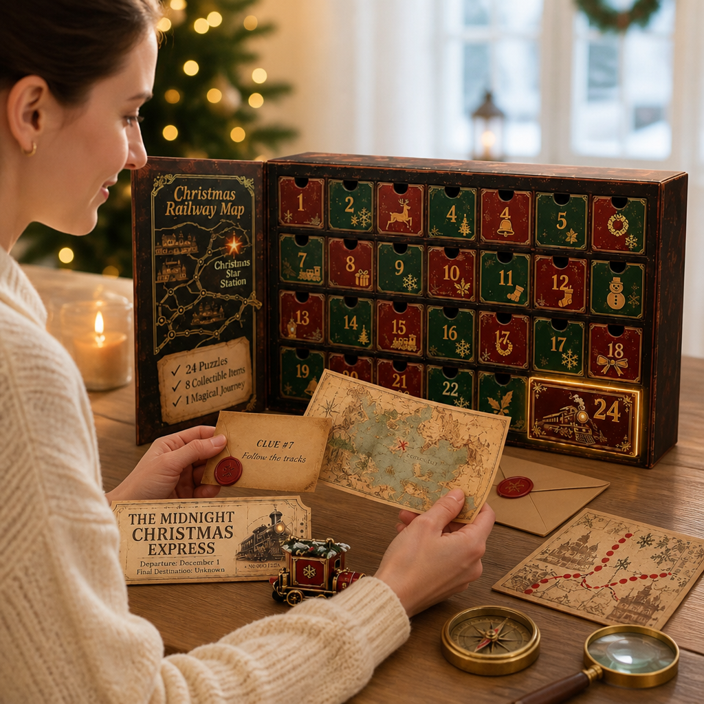 Woman in a cream jumper holds a clue card and map beside the open calendar, with toy train, compass and magnifying glass. 3