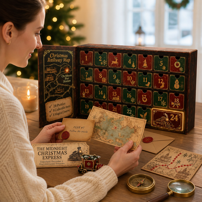Woman in a cream jumper holds a clue card and map beside the open calendar, with toy train, compass and magnifying glass. 3