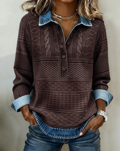 Model wearing the dark chocolate brown version with a blue denim-look collar, rolled cuffs and hem, textured cable and diamond stripes. 3