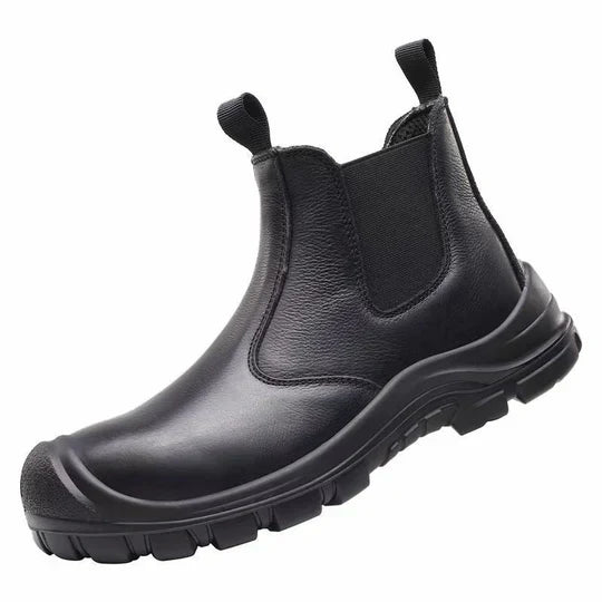 Single black leather pull-on boot angled to show the elastic side panel, pull tabs and chunky tread sole 2