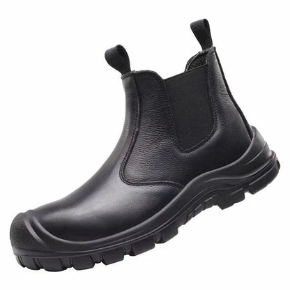 Single black leather pull-on boot angled to show the elastic side panel, pull tabs and chunky tread sole 2