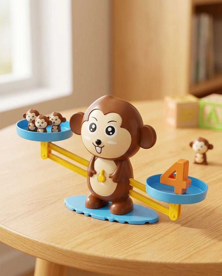 Brown monkey balance tipped to one side, with three small monkeys outweighing an orange number 4 3