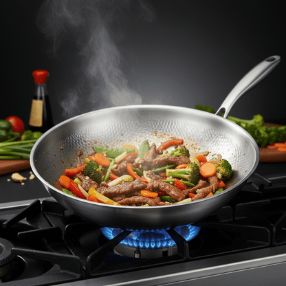 Stir-fry of beef, broccoli, carrots and peppers cooking in the wok on a gas hob, with steam rising. 6