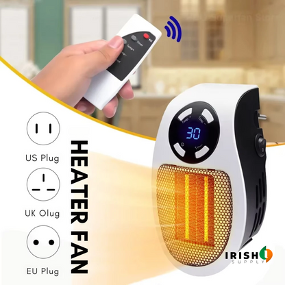 Heater with glowing orange element beside a hand holding the remote, with three plug-type icons 3