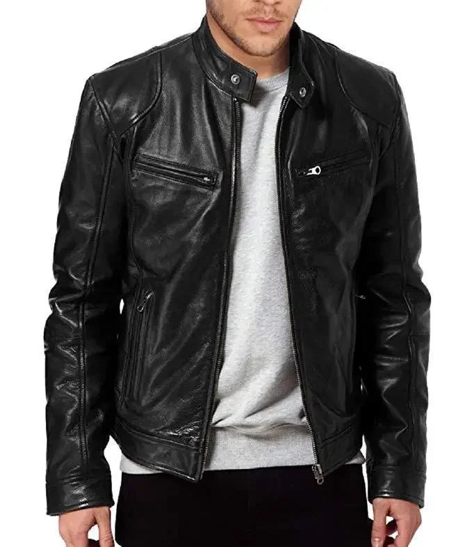 Black leather biker jacket worn open over a grey sweatshirt, cropped at the chin 2