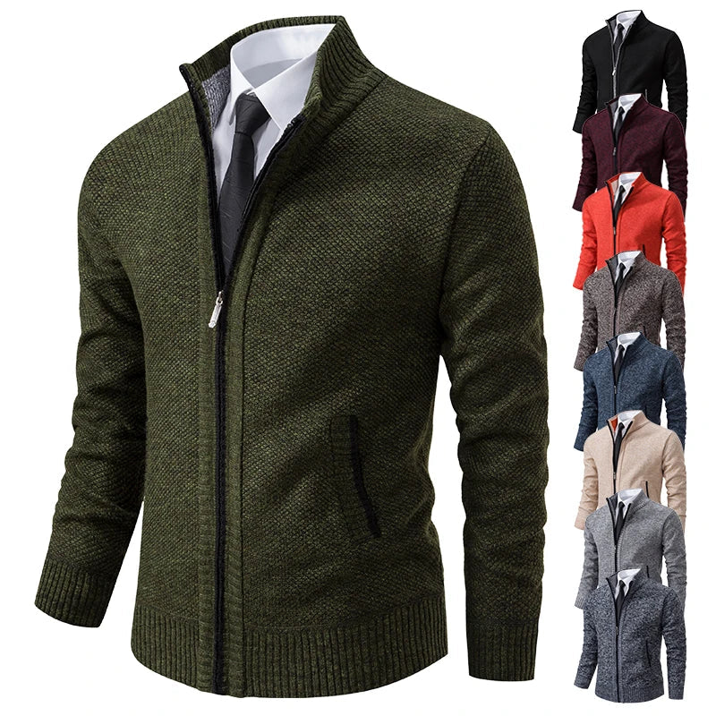 Olive green zip cardigan at an angle, with smaller views of seven other colours alongside 2