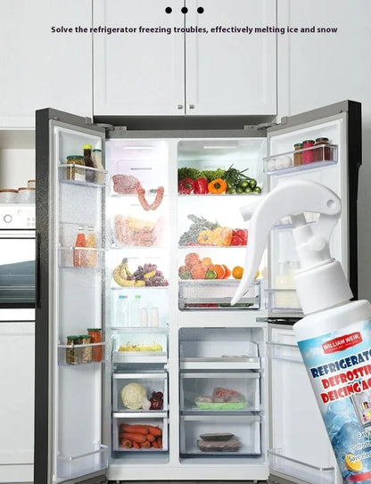 Open side-by-side fridge stocked with food, with the spray bottle held in the lower right corner 2