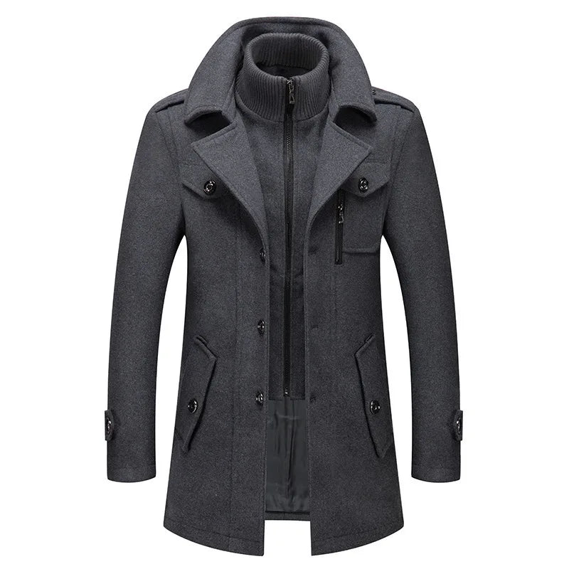 Grey overcoat laid flat from the front, showing the zipped knitted inner collar and flap pockets 2