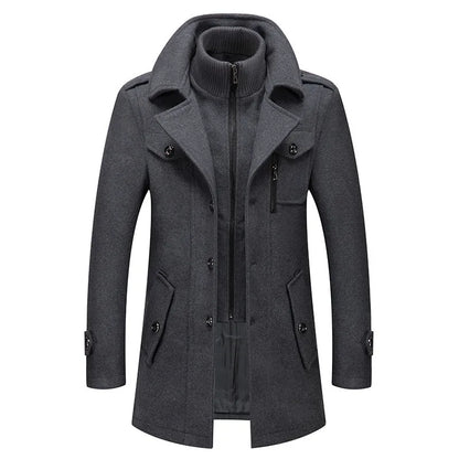 Grey overcoat laid flat from the front, showing the zipped knitted inner collar and flap pockets 2