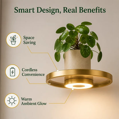 Close-up of one round gold shelf with a glowing underside light, holding a pilea in a stone-effect pot, with feature callouts. 3
