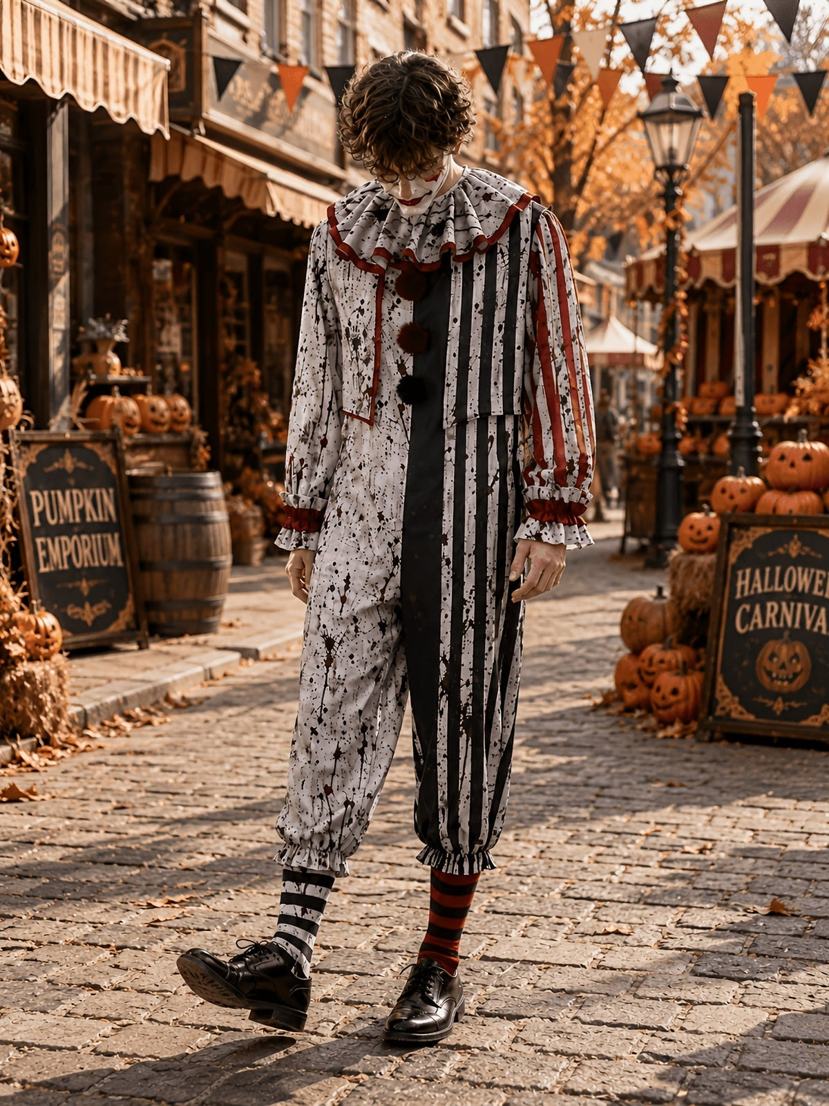 Model walking along a decorated autumn street in the full clown costume, seen from the front with the pom-pom front and ruffled cuffs. 4