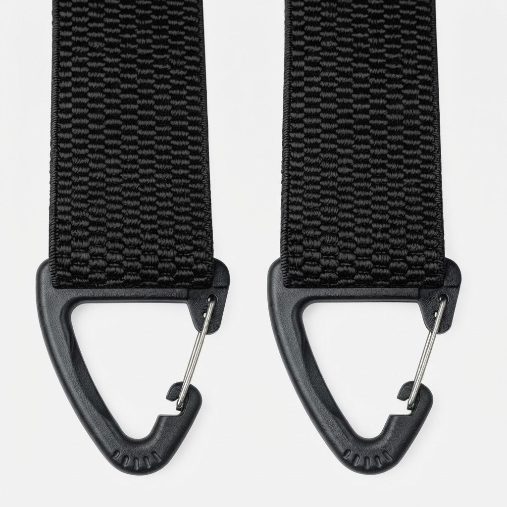 Close-up of two black strap ends, each fitted with a plastic clip hook with a metal spring gate 7