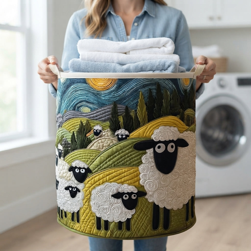 Woman in a denim shirt carries the basket by its cream handles, filled with folded white and blue towels. 4