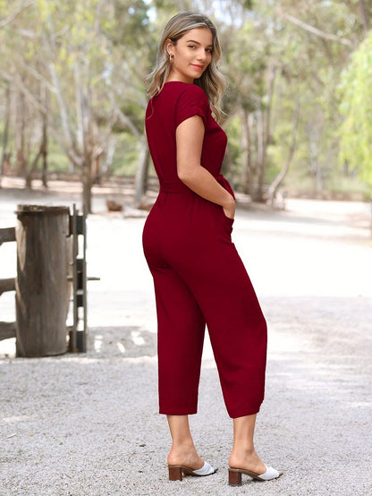 Stylish short-sleeved jumpsuit with button placket and waist belt - AirVibe