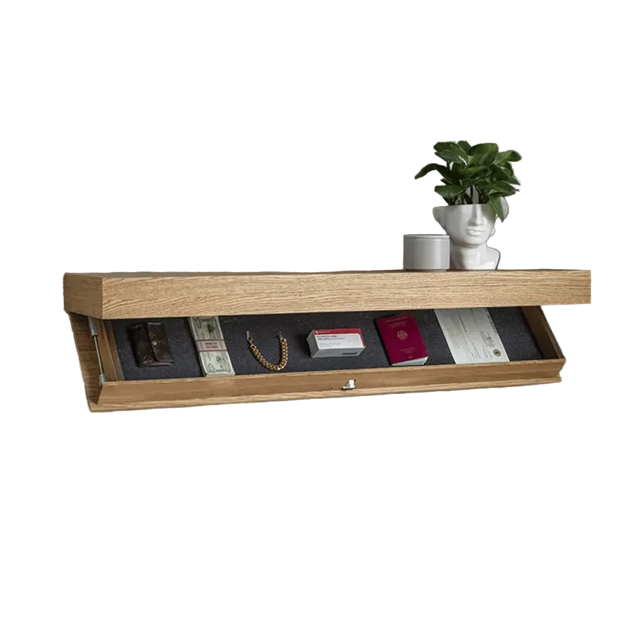 Natural oak floating shelf with the flap open over a dark lining holding a wallet, cash, a chain bracelet and a passport. 3
