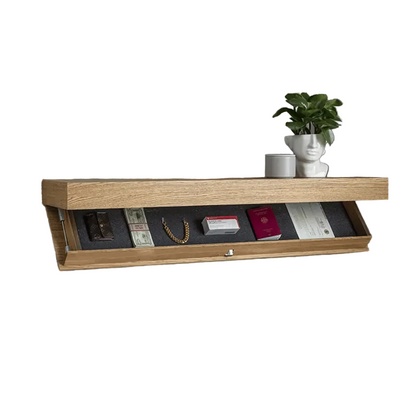 Natural oak floating shelf with the flap open over a dark lining holding a wallet, cash, a chain bracelet and a passport. 3