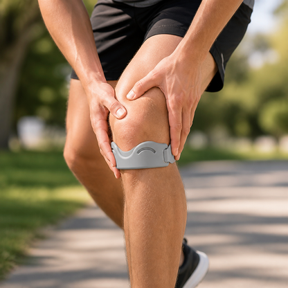 Man clasping his knee with both hands, a grey silicone support strap with arched cut-out fitted below the kneecap. 6