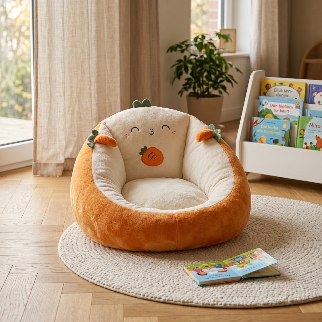 Orange and cream carrot-design bean bag chair on a round woven rug beside a children's bookshelf 1