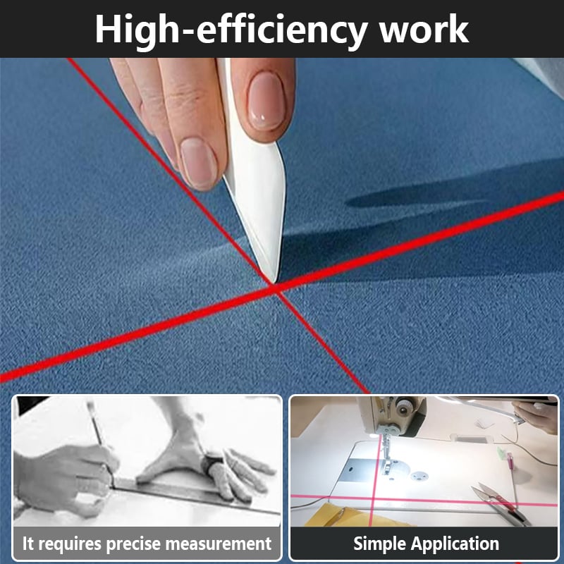 Red crossed laser lines on blue fabric as a hand marks the intersection, compared with measuring by ruler 6