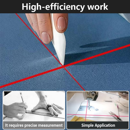 Red crossed laser lines on blue fabric as a hand marks the intersection, compared with measuring by ruler 6