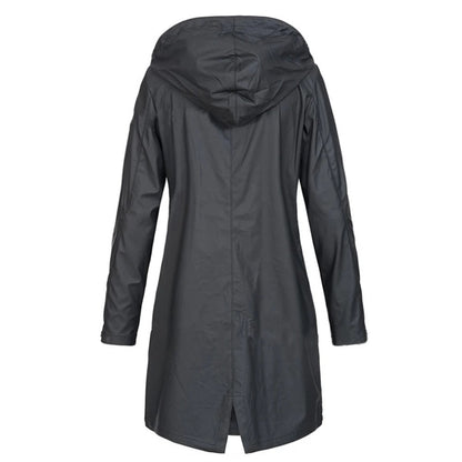 Ladies' long autumn coat with high collar & button tab – Leandra