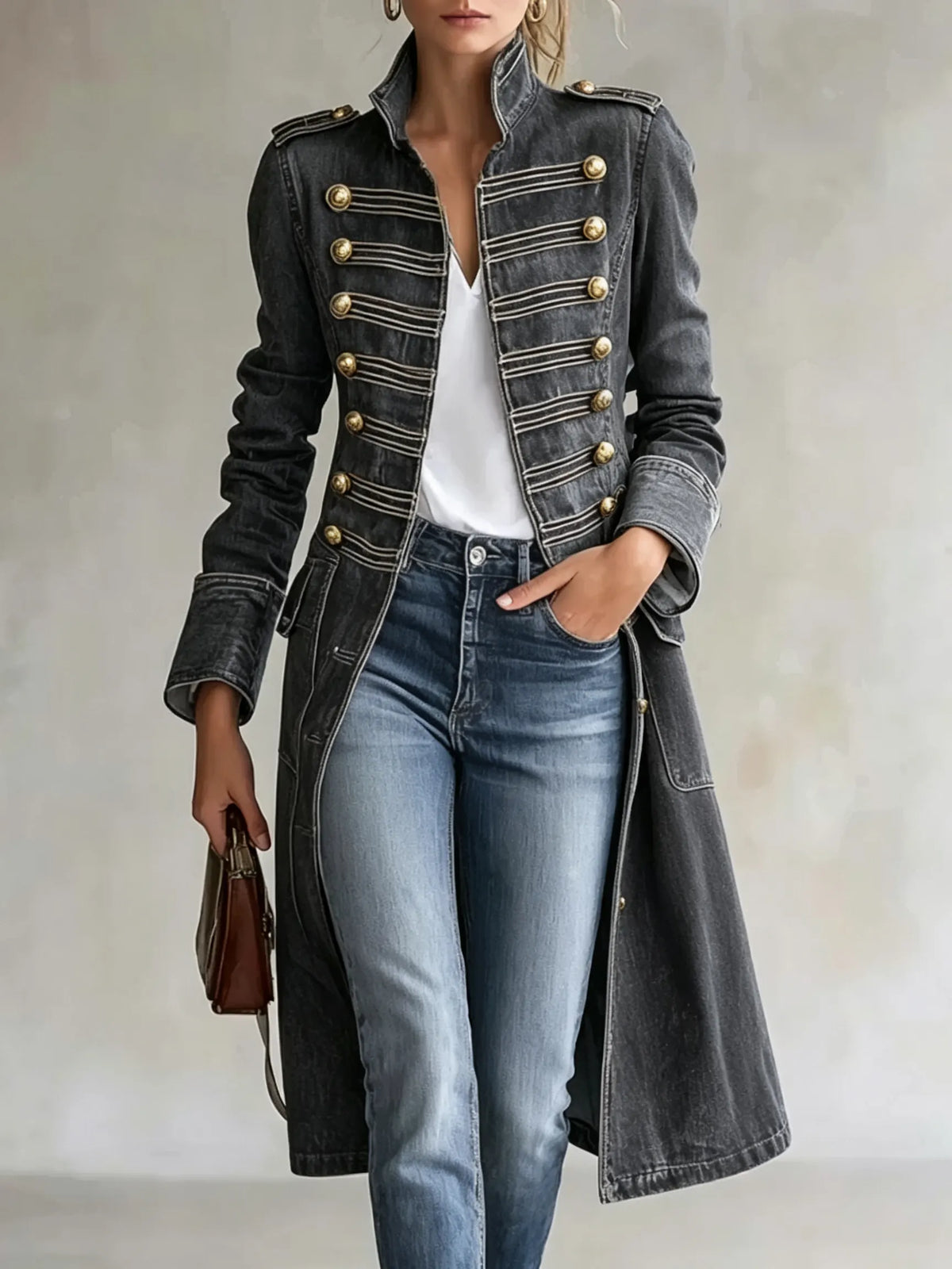 Model wearing the coat in washed charcoal grey denim, open over a white top and jeans, with gold buttons and braiding. 10