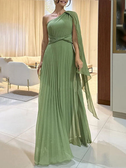 Trendy autumnal one-shoulder maxi dress with pleats – Mirella