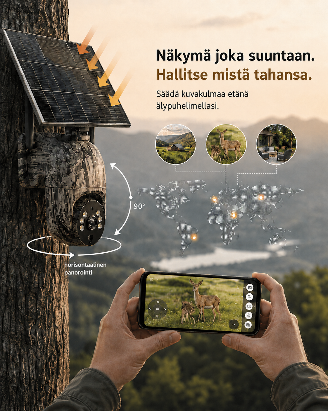 Camera on a tree with arrows showing horizontal and 90-degree tilt movement, while a hand holds a phone showing a live deer view. 6