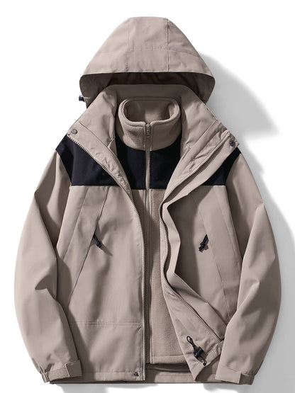 Front view in taupe with black shoulder panels, hooded shell open to show the removable fleece liner in the same shade. 4