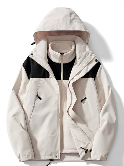 Front view in cream with black shoulder panels, zip open to show the cream fleece liner with its high collar. 5