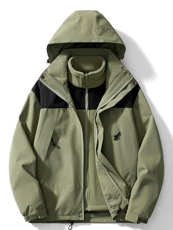 Front view of the hooded jacket in olive green with black shoulder panels, unzipped to show the matching fleece liner underneath. 1