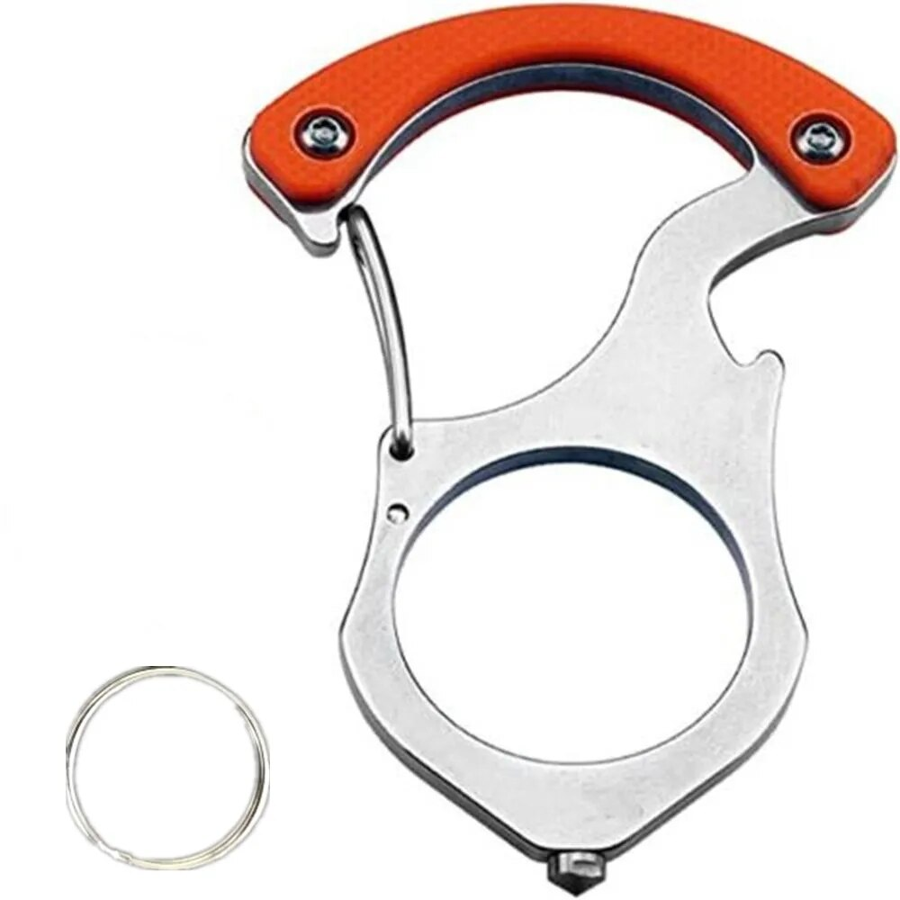 Front view of the steel carabiner keyring with orange handle grip and bottle opener notch, beside a loose split ring on white. 5