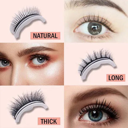 Grid of three lash styles on white curved holders, natural, long and thick, each paired with a close-up of an eye wearing them. 5
